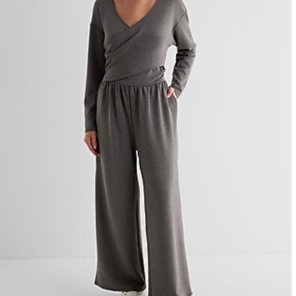Express Gray Wrap-Style Jumpsuit with Wide-Leg Pants
